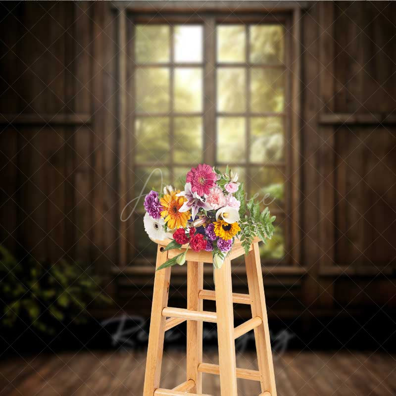 Aperturee Aperturee Rustic Cabin Window Photography Backdrop Enchanted Forest and Sunlight View Moody Woodland Indoor Studio Prop