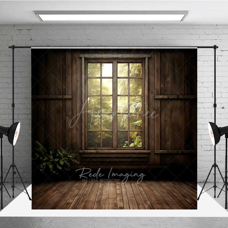 Aperturee Aperturee Rustic Cabin Window Photography Backdrop Enchanted Forest and Sunlight View Moody Woodland Indoor Studio Prop