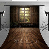 Aperturee Aperturee Rustic Cabin Window Sweep Photography Backdrop with Wood Floor Forest Sunlight View Moody Woodland Studio Photo Prop