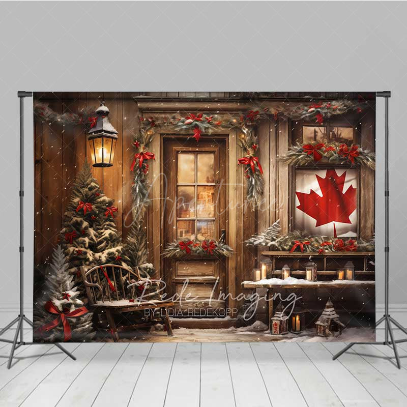 Aperturee - Aperturee Rustic Canadian Christmas Photography Backdrop Wood Cabin with Maple Leaf Flag Snowy Winter Holiday Photo Prop