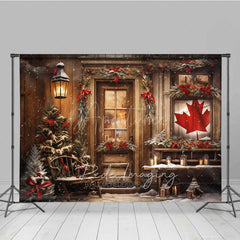 Aperturee - Aperturee Rustic Canadian Christmas Photography Backdrop Wood Cabin with Maple Leaf Flag Snowy Winter Holiday Photo Prop