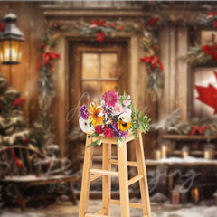 Aperturee - Aperturee Rustic Canadian Christmas Photography Backdrop Wood Cabin with Maple Leaf Flag Snowy Winter Holiday Photo Prop