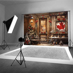 Aperturee - Aperturee Rustic Canadian Christmas Photography Backdrop Wood Cabin with Maple Leaf Flag Snowy Winter Holiday Photo Prop