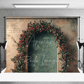 Aperturee - Aperturee Rustic Christmas Arch Backdrop Red Berry Garland Grunge Wall Vintage Doorway Photo Background