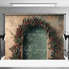 Aperturee - Aperturee Rustic Christmas Arch Backdrop Red Berry Garland Grunge Wall Vintage Doorway Photo Background
