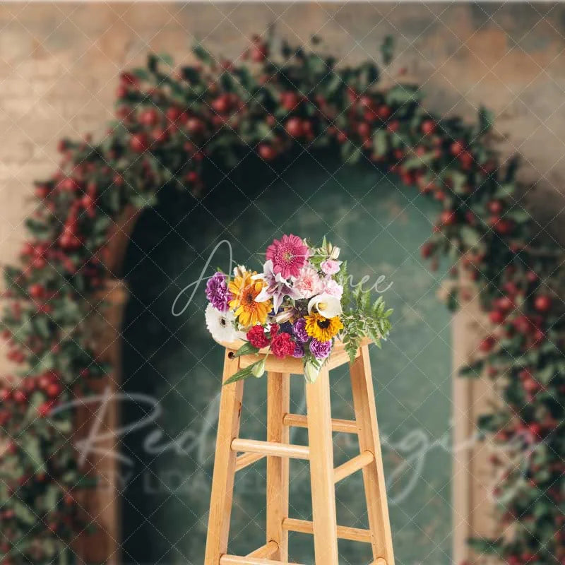 Aperturee - Aperturee Rustic Christmas Arch Backdrop Red Berry Garland Grunge Wall Vintage Doorway Photo Background