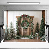 Aperturee - Aperturee Rustic Christmas Barn Backdrop Winter Greenery Arch Wood Door Photography Background
