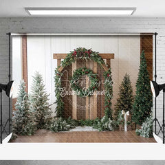 Aperturee - Aperturee Rustic Christmas Barn Backdrop Winter Greenery Arch Wood Door Photography Background