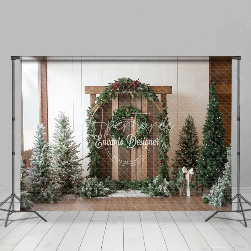 Aperturee - Aperturee Rustic Christmas Barn Backdrop Winter Greenery Arch Wood Door Photography Background