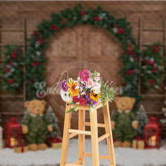 Aperturee - Aperturee Rustic Christmas Barn Door Photography Backdrop Flocked Trees and Teddy Bears Farmhouse Holiday Mini Sessions