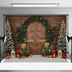 Aperturee - Aperturee Rustic Christmas Barn Door Photography Backdrop Flocked Trees and Teddy Bears Farmhouse Holiday Mini Sessions