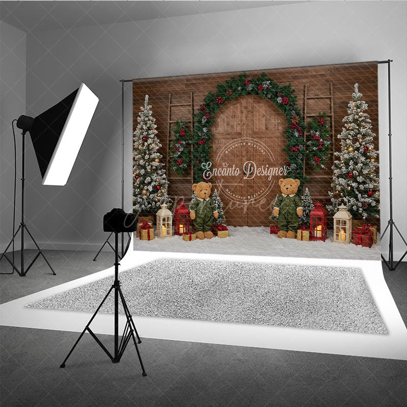 Aperturee - Aperturee Rustic Christmas Barn Door Photography Backdrop Flocked Trees and Teddy Bears Farmhouse Holiday Mini Sessions