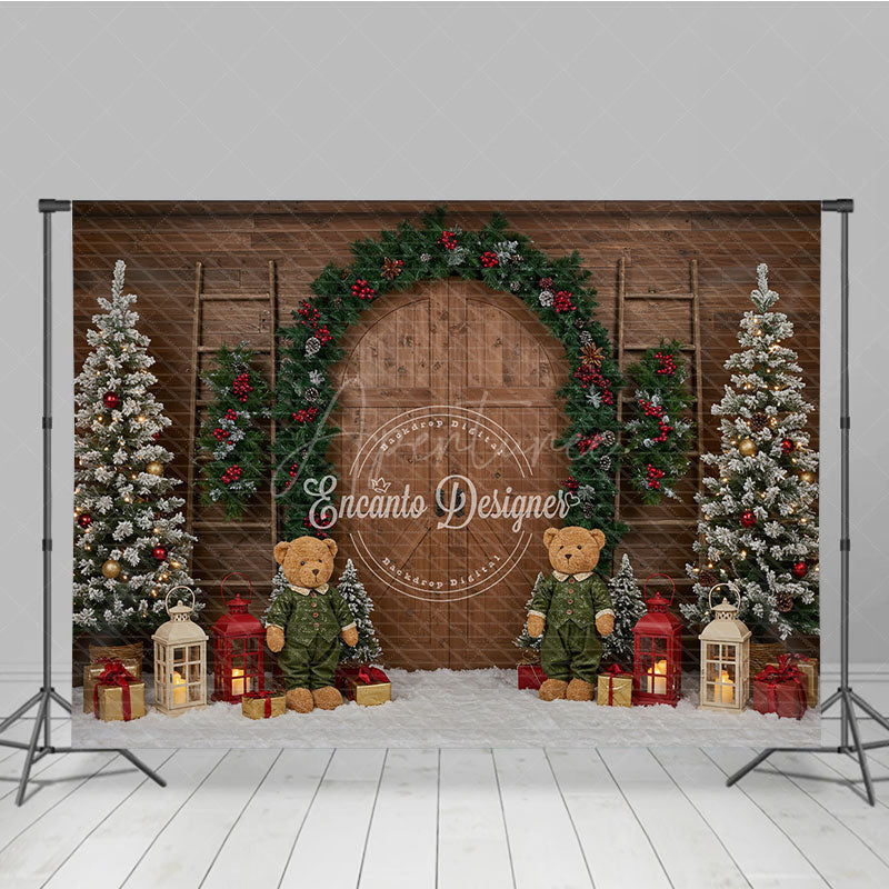 Aperturee - Aperturee Rustic Christmas Barn Door Photography Backdrop Flocked Trees and Teddy Bears Farmhouse Holiday Mini Sessions