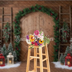 Aperturee - Aperturee Rustic Christmas Barn Door Photography Backdrop Flocked Trees in Snow Farmhouse Holiday Photo Background
