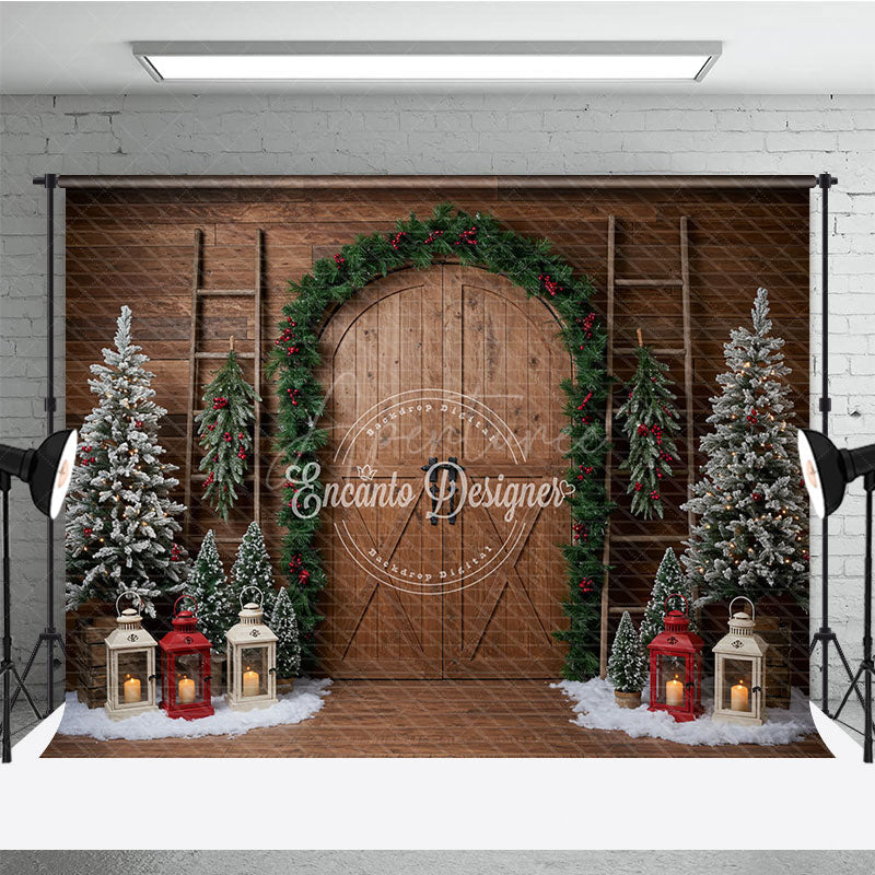 Aperturee - Aperturee Rustic Christmas Barn Door Photography Backdrop Flocked Trees in Snow Farmhouse Holiday Photo Background