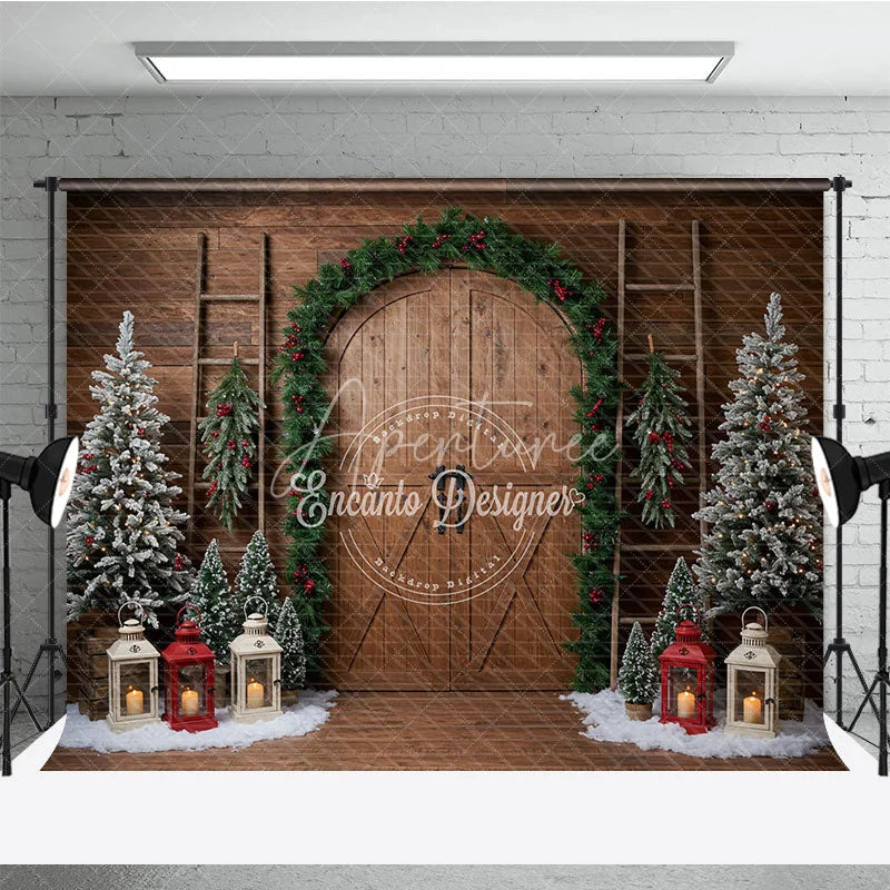 Aperturee - Aperturee Rustic Christmas Barn Door Photography Backdrop Flocked Trees in Snow Farmhouse Holiday Photo Background