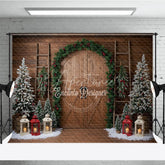 Aperturee - Aperturee Rustic Christmas Barn Door Photography Backdrop Flocked Trees in Snow Farmhouse Holiday Photo Background