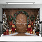 Aperturee - Aperturee Rustic Christmas Barn Door Photography Backdrop Flocked Trees with Teddy Bears Farmhouse Holiday Background