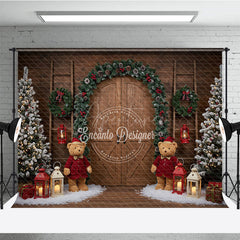 Aperturee - Aperturee Rustic Christmas Barn Door Photography Backdrop Flocked Trees with Teddy Bears Farmhouse Holiday Background