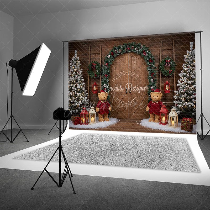 Aperturee - Aperturee Rustic Christmas Barn Door Photography Backdrop Flocked Trees with Teddy Bears Farmhouse Holiday Background