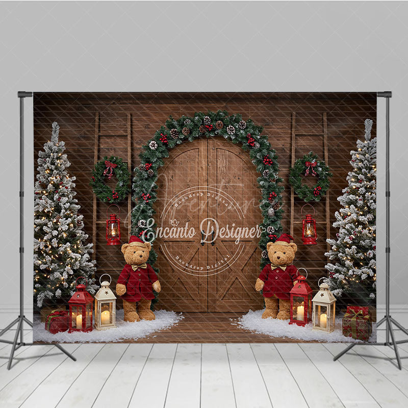 Aperturee - Aperturee Rustic Christmas Barn Door Photography Backdrop Flocked Trees with Teddy Bears Farmhouse Holiday Background