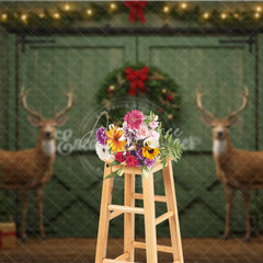 Aperturee - Aperturee Rustic Christmas Barn Door Photography Backdrop Green Door with Reindeer Farmhouse Holiday Photo Background