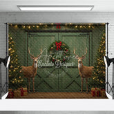 Aperturee - Aperturee Rustic Christmas Barn Door Photography Backdrop Green Door with Reindeer Farmhouse Holiday Photo Background