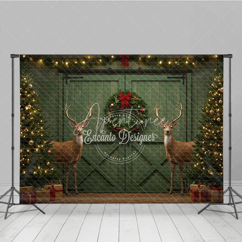 Aperturee - Aperturee Rustic Christmas Barn Door Photography Backdrop Green Door with Reindeer Farmhouse Holiday Photo Background