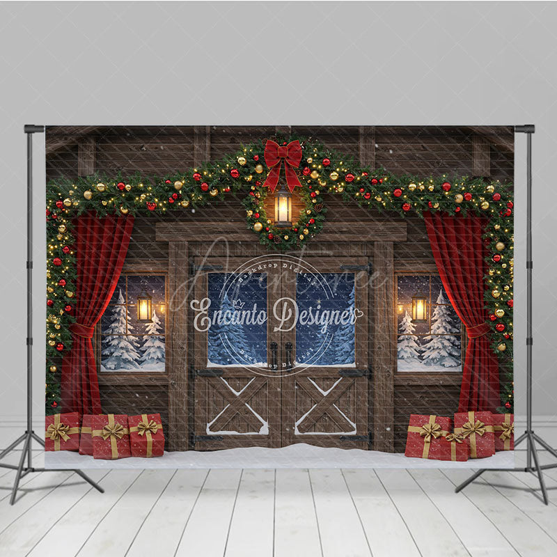 Aperturee - Aperturee Rustic Christmas Barn Photography Backdrop Snowy Windows with Garland Farmhouse Holiday Photo Background
