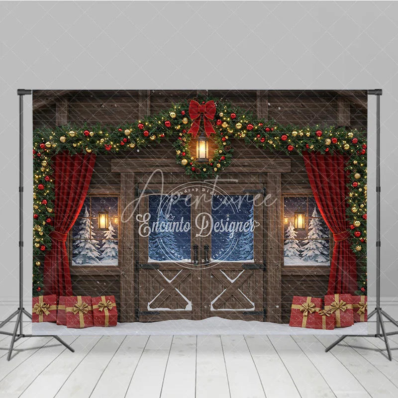 Aperturee - Aperturee Rustic Christmas Barn Photography Backdrop Snowy Windows with Garland Farmhouse Holiday Photo Background