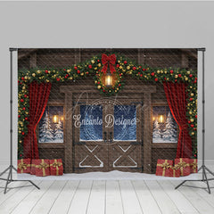 Aperturee - Aperturee Rustic Christmas Barn Photography Backdrop Snowy Windows with Garland Farmhouse Holiday Photo Background