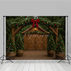 Aperturee - Aperturee Rustic Christmas Barn Photography Backdrop Wood Arch with Trees and Garland Farmhouse Holiday Photo Background