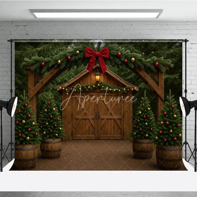 Aperturee - Aperturee Rustic Christmas Barn Photography Backdrop Wood Arch with Trees and Garland Farmhouse Holiday Photo Background