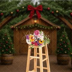 Aperturee - Aperturee Rustic Christmas Barn Photography Backdrop Wood Arch with Trees and Garland Farmhouse Holiday Photo Background