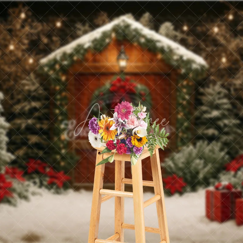 Aperturee - Aperturee Rustic Christmas Cabin Photography Backdrop Wood Barn in the Snow with Poinsettias Holiday Photo Background