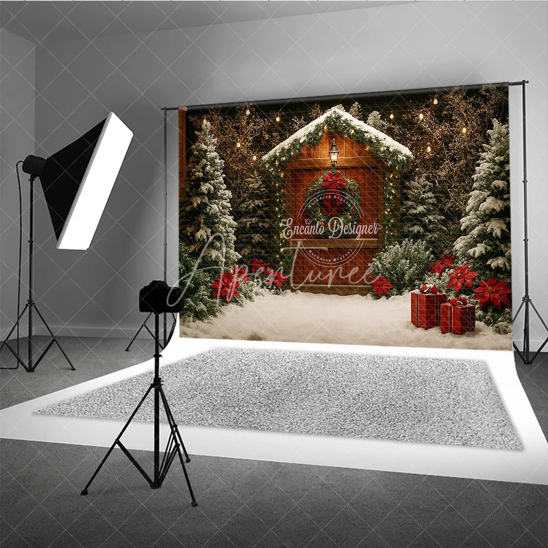 Aperturee - Aperturee Rustic Christmas Cabin Photography Backdrop Wood Barn in the Snow with Poinsettias Holiday Photo Background