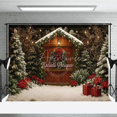 Aperturee - Aperturee Rustic Christmas Cabin Photography Backdrop Wood Barn in the Snow with Poinsettias Holiday Photo Background
