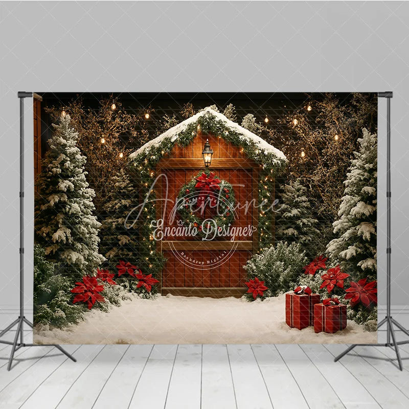Aperturee - Aperturee Rustic Christmas Cabin Photography Backdrop Wood Barn in the Snow with Poinsettias Holiday Photo Background