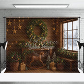 Aperturee - Aperturee Rustic Christmas Cabin Photography Backdrop Wood Wall with Rocking Horse Snowy Window Holiday Background