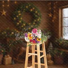 Aperturee - Aperturee Rustic Christmas Cabin Photography Backdrop Wood Wall with Rocking Horse Snowy Window Holiday Background