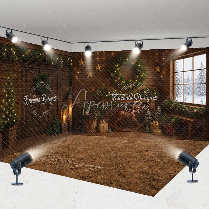 Aperturee - Aperturee Rustic Christmas Cabin Room Set Backdrop Wood Walls with Rocking Horse and Snowy Window Holiday Photo Studio