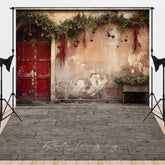 Aperturee - Aperturee Rustic Christmas Door and Wood Floor Combo Set Backdrop Vintage Red Door with Berry Garland Holiday Photo Prop