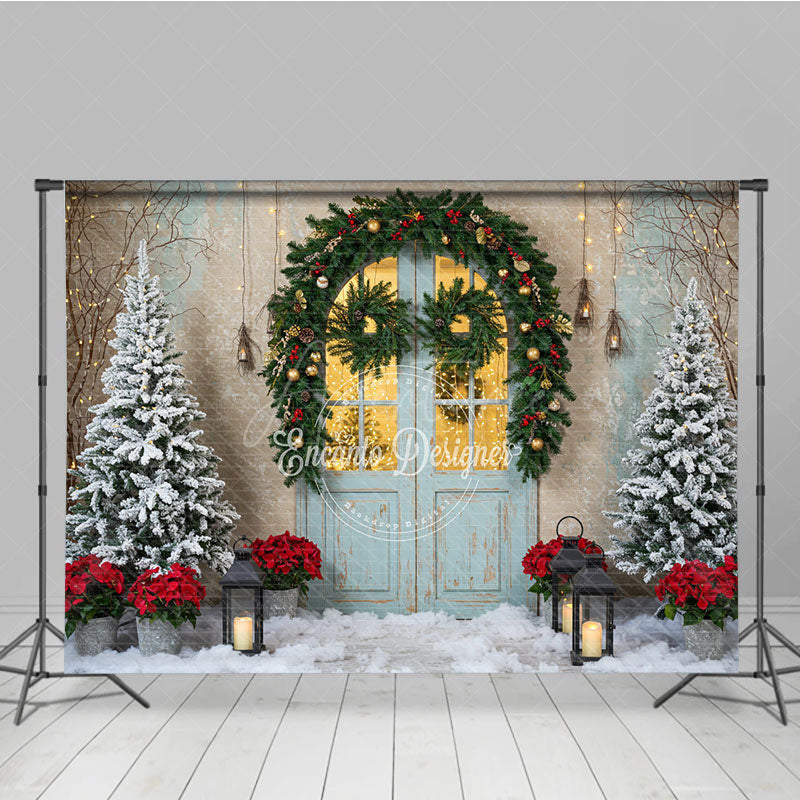 Aperturee - Aperturee Rustic Christmas Door Photography Backdrop Blue Door in Snow with Garland Winter Holiday Photo Background