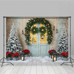 Aperturee - Aperturee Rustic Christmas Door Photography Backdrop Blue Door in Snow with Garland Winter Holiday Photo Background