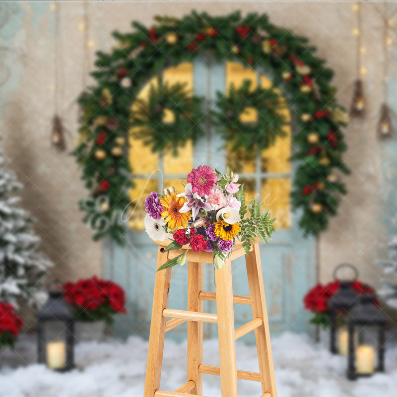 Aperturee - Aperturee Rustic Christmas Door Photography Backdrop Blue Door in Snow with Garland Winter Holiday Photo Background