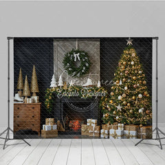 Aperturee - Aperturee Rustic Christmas Fireplace Photography Backdrop Barn Door Mantle with Skates Farmhouse Holiday Photo Background