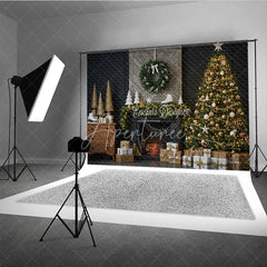 Aperturee - Aperturee Rustic Christmas Fireplace Photography Backdrop Barn Door Mantle with Skates Farmhouse Holiday Photo Background