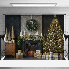 Aperturee - Aperturee Rustic Christmas Fireplace Photography Backdrop Barn Door Mantle with Skates Farmhouse Holiday Photo Background