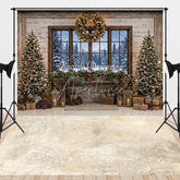 Aperturee - Aperturee Rustic Christmas Fireplace Snowy Window Combo Set Backdrop with Decorated Trees and Holiday Garland