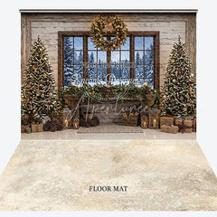 Aperturee - Aperturee Rustic Christmas Fireplace Snowy Window Combo Set Backdrop with Decorated Trees and Holiday Garland